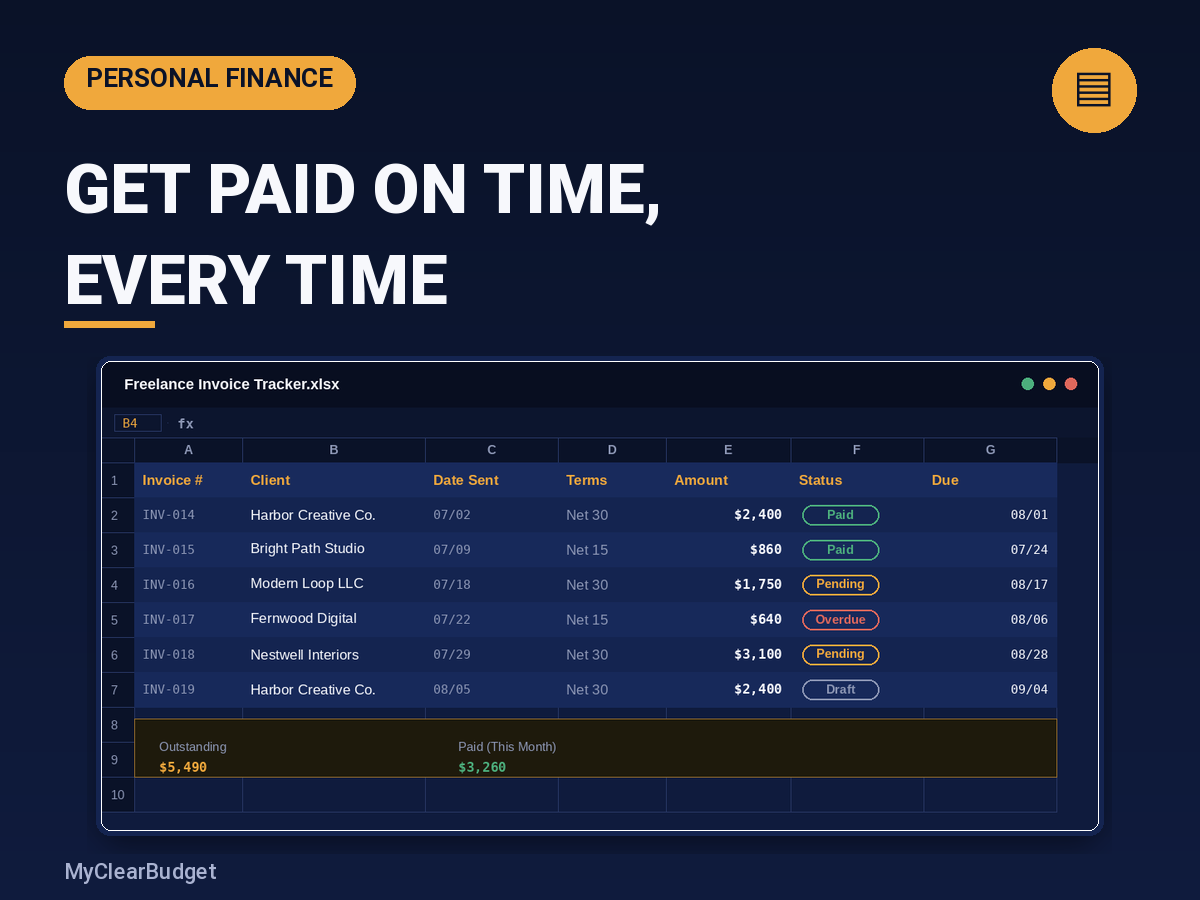 Freelance Invoice Tracker spreadsheet preview showing budget categories, formulas, and progress bars