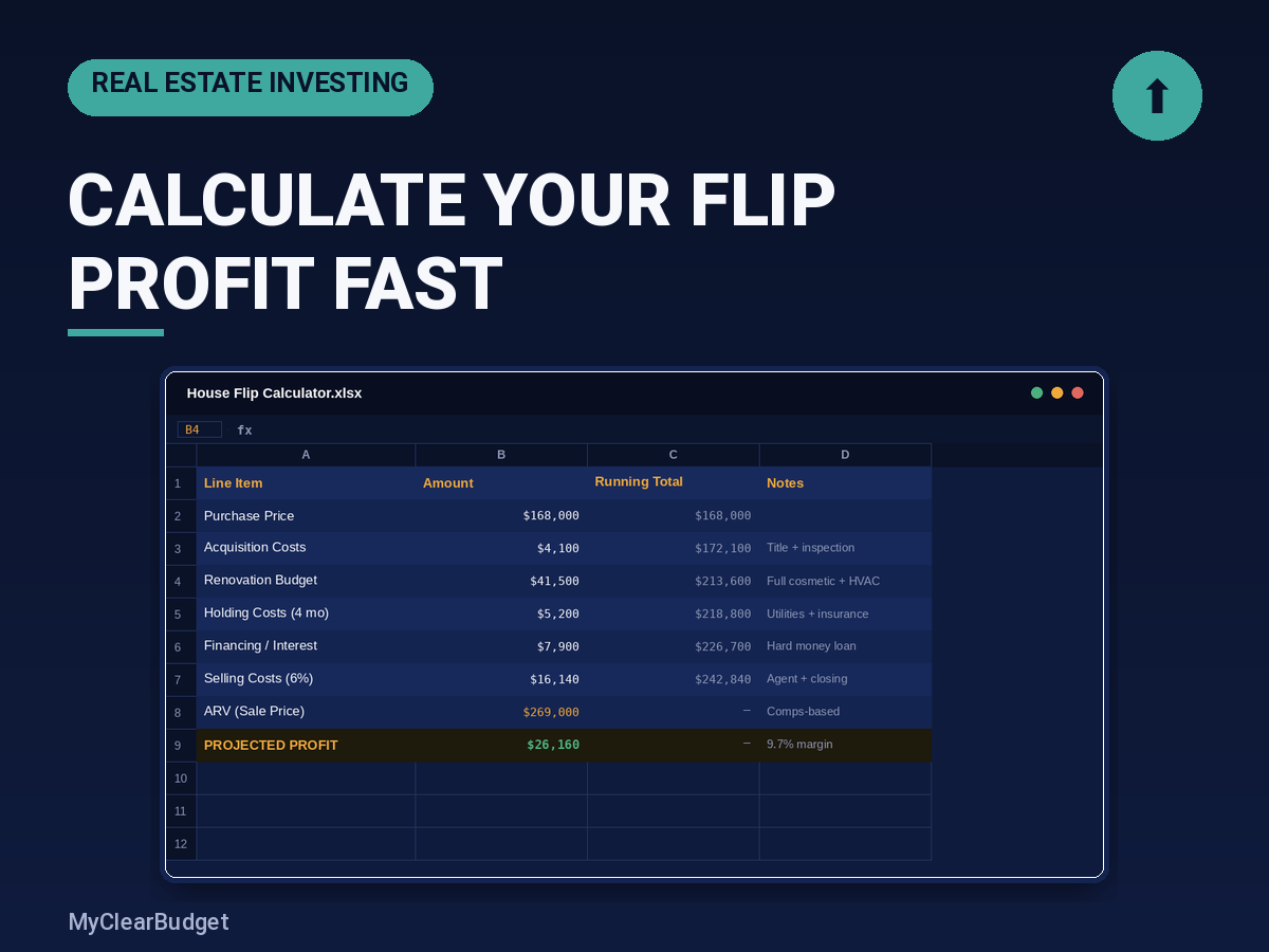 House Flip Calculator spreadsheet preview showing budget categories, formulas, and progress bars