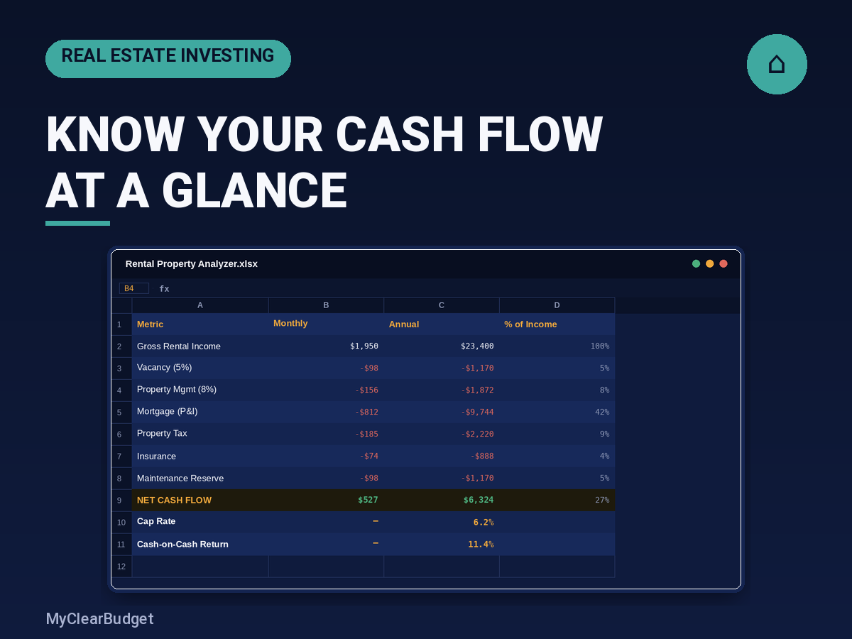 Rental Property Analyzer spreadsheet preview showing budget categories, formulas, and progress bars