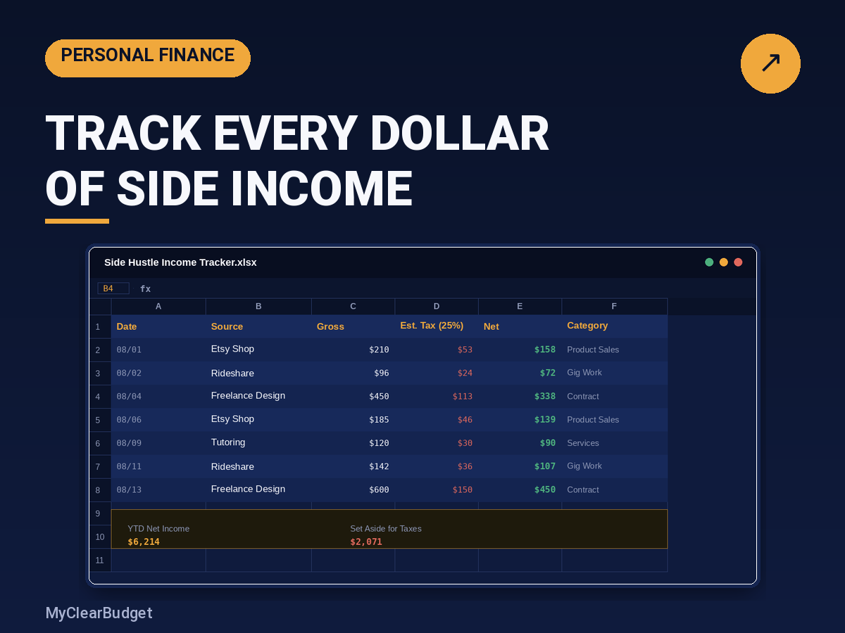 Side Hustle Income Tracker spreadsheet preview showing budget categories, formulas, and progress bars